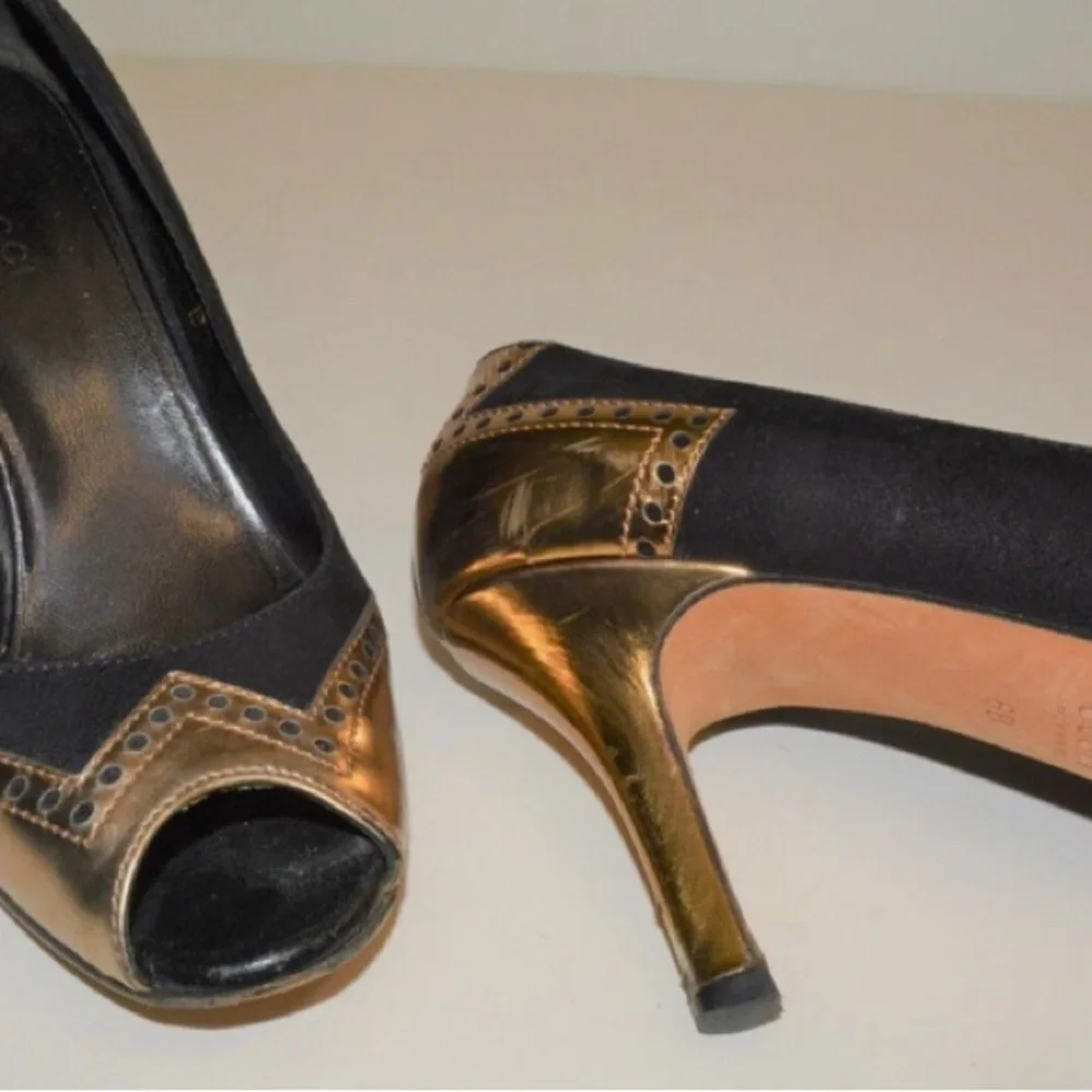 Gucci Black and Gold Heels with Peep Toe Design